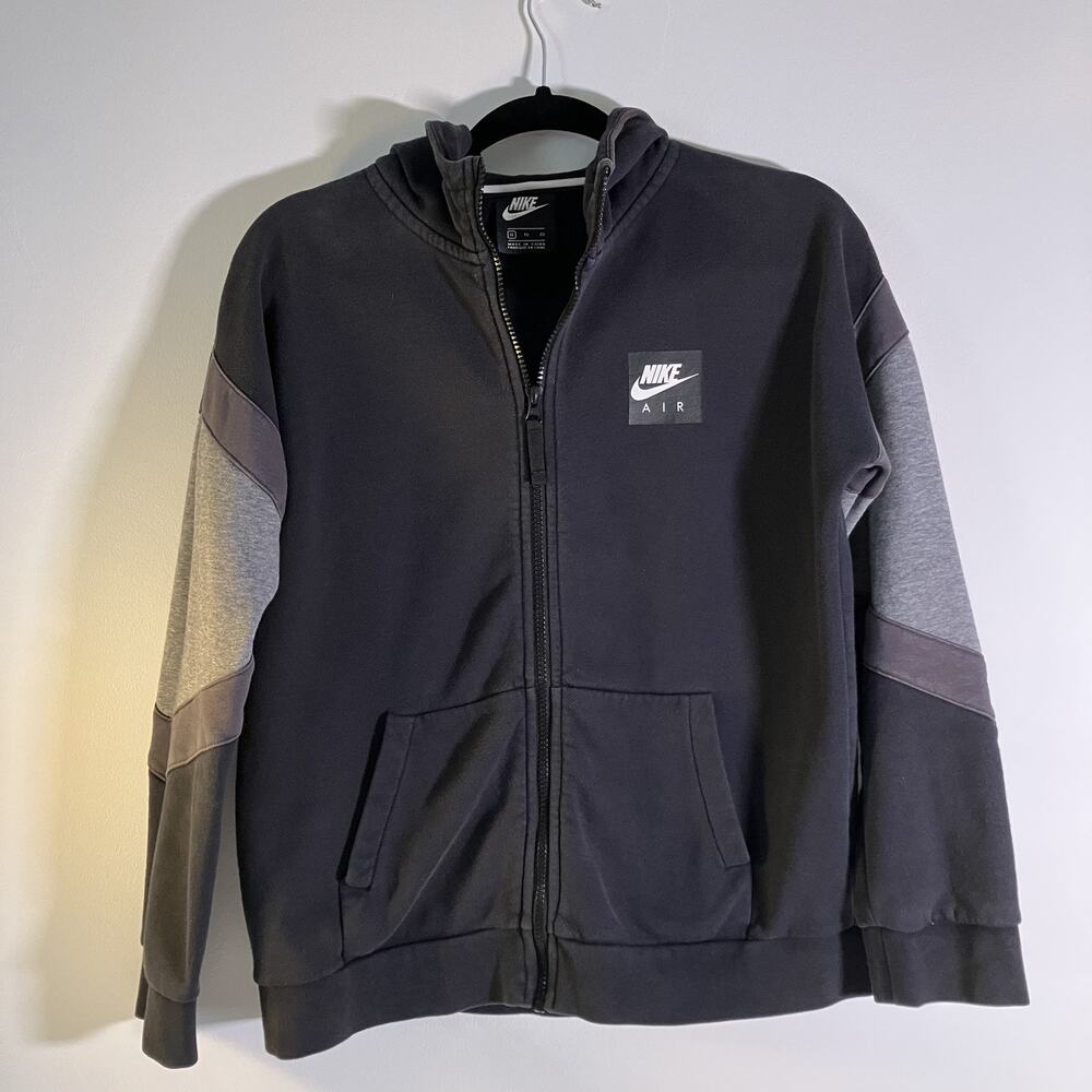 Nike Air Hoodie Kids XL Black Gray Full Zip Sweatshirt Fleece Pockets 939635-010